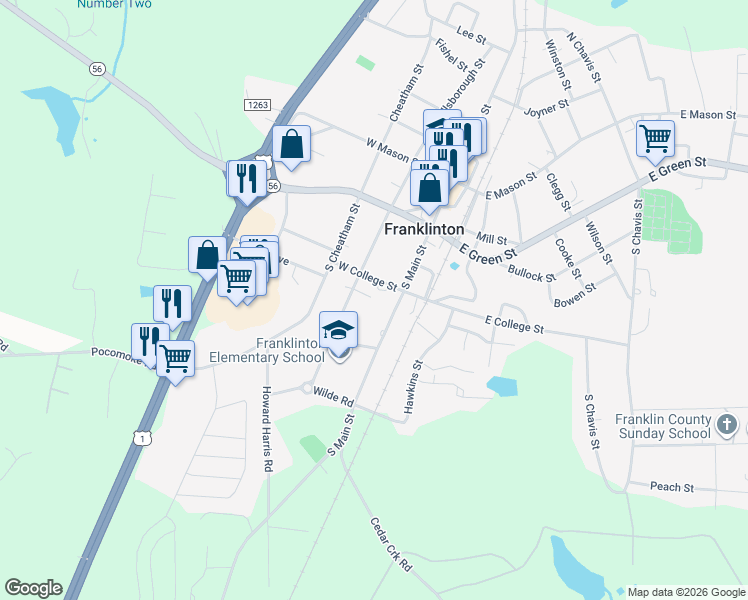 map of restaurants, bars, coffee shops, grocery stores, and more near 401 Mangum Way in Franklinton