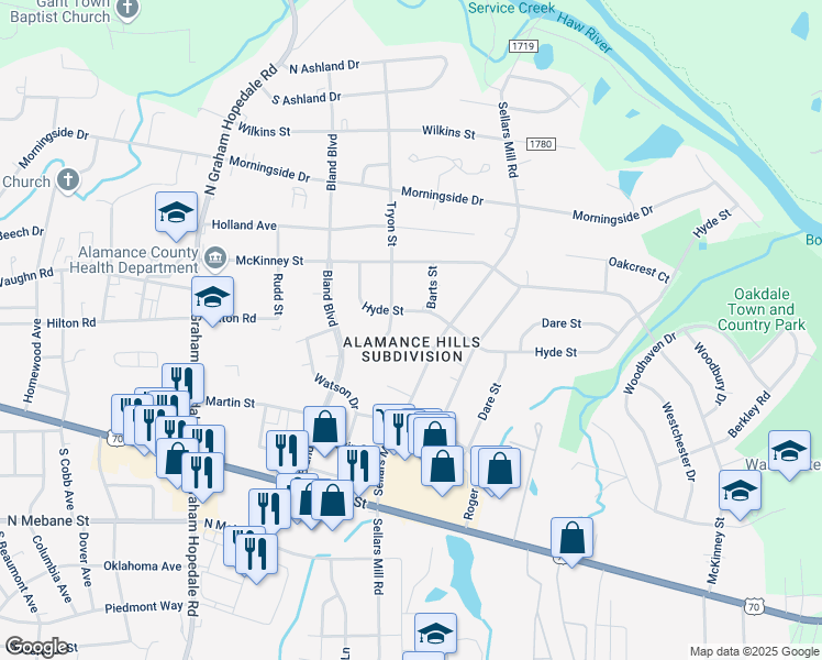 map of restaurants, bars, coffee shops, grocery stores, and more near 323 Tryon Street in Burlington