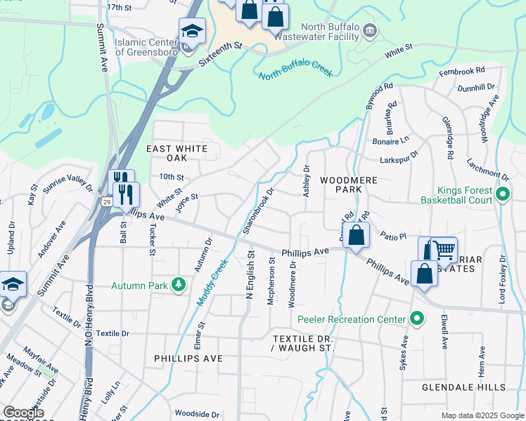 map of restaurants, bars, coffee shops, grocery stores, and more near 1906 Sharonbrook Drive in Greensboro