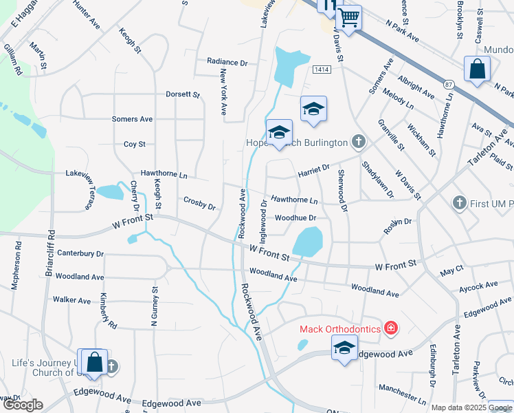 map of restaurants, bars, coffee shops, grocery stores, and more near 1604 Inglewood Drive in Burlington
