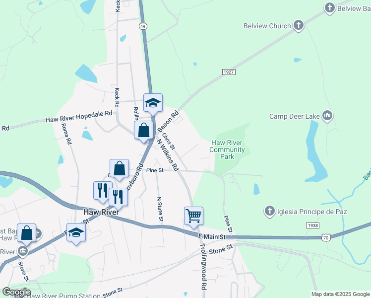 map of restaurants, bars, coffee shops, grocery stores, and more near 104 Elizabeth Lane in Mebane