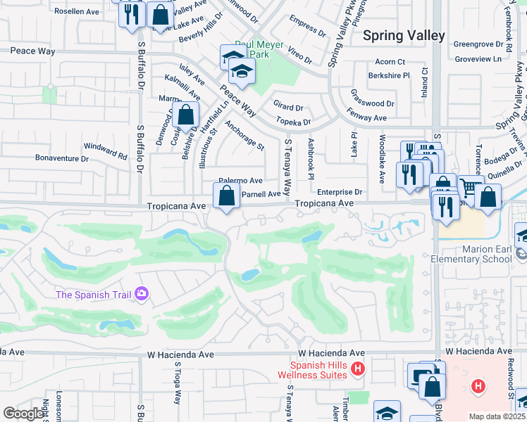 map of restaurants, bars, coffee shops, grocery stores, and more near 7368 Mission Hills Drive in Las Vegas