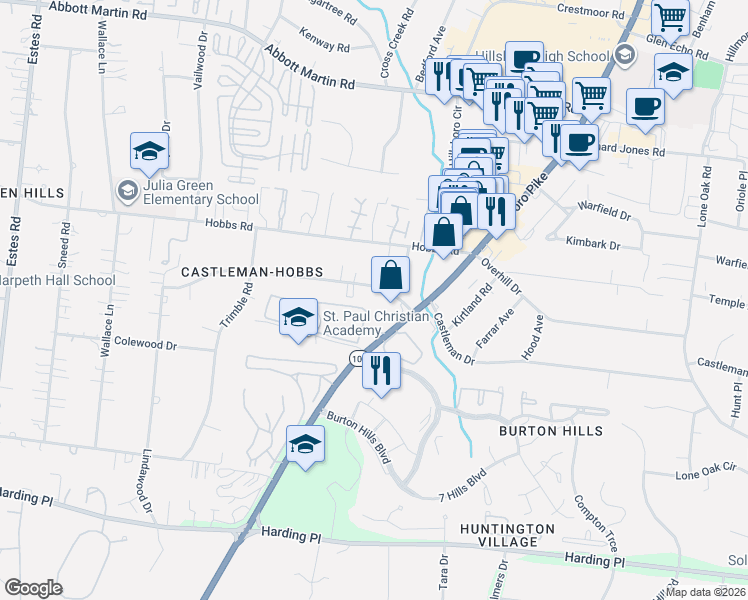 map of restaurants, bars, coffee shops, grocery stores, and more near 5025 Hillsboro Pike in Nashville