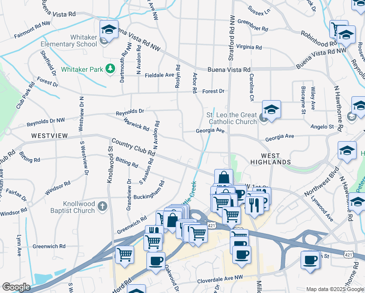 map of restaurants, bars, coffee shops, grocery stores, and more near 2398 Warwick Road in Winston-Salem