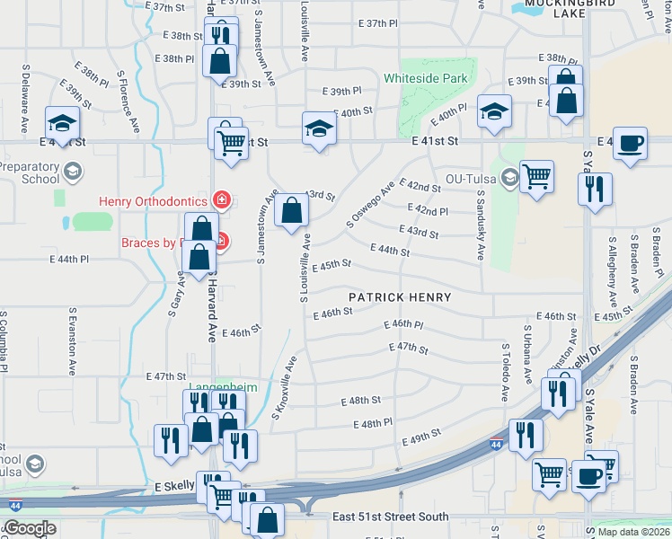 map of restaurants, bars, coffee shops, grocery stores, and more near 3747 East 45th Place in Tulsa