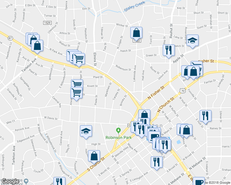 map of restaurants, bars, coffee shops, grocery stores, and more near 117 Tarpley Street in Burlington