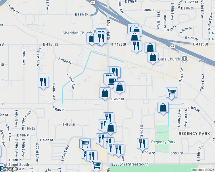 map of restaurants, bars, coffee shops, grocery stores, and more near 4400 S Memorial Dr in Tulsa
