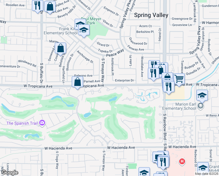 map of restaurants, bars, coffee shops, grocery stores, and more near 7297 Mission Hills Drive in Las Vegas
