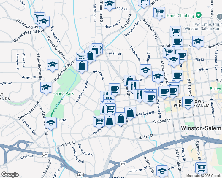 map of restaurants, bars, coffee shops, grocery stores, and more near 843 Pilot View Street in Winston-Salem