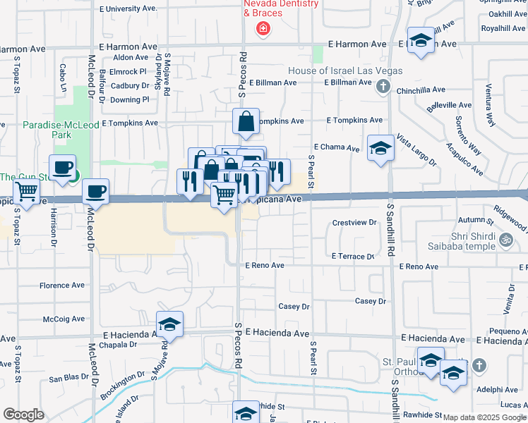 map of restaurants, bars, coffee shops, grocery stores, and more near 3492 Villa Knolls North Drive in Las Vegas