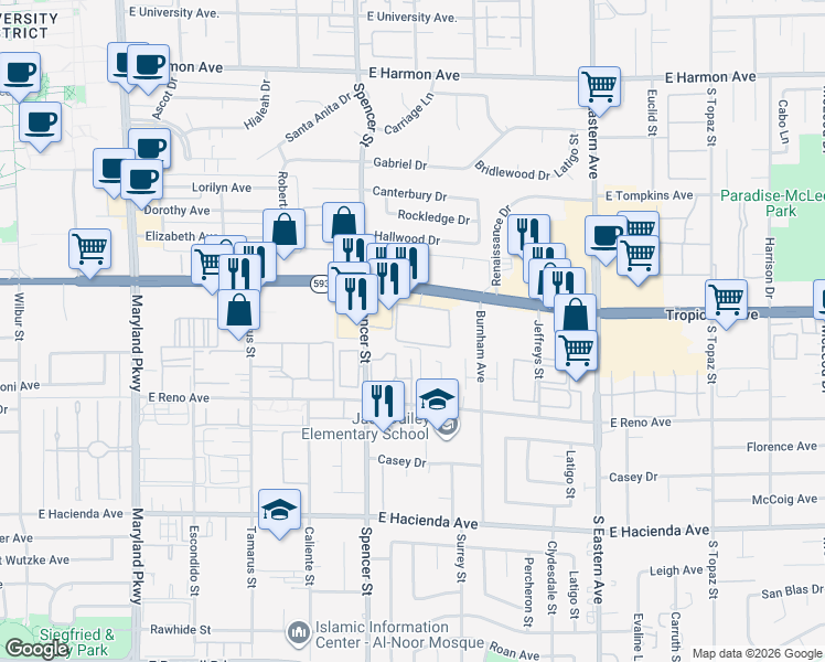 map of restaurants, bars, coffee shops, grocery stores, and more near 5008 Spencer Street in Las Vegas