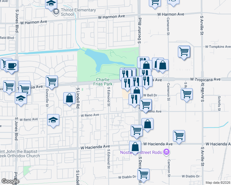 map of restaurants, bars, coffee shops, grocery stores, and more near 5155 West Tropicana Avenue in Las Vegas