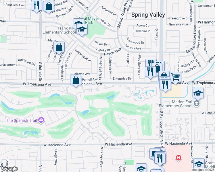 map of restaurants, bars, coffee shops, grocery stores, and more near 7297 Mission Hills Drive in Las Vegas