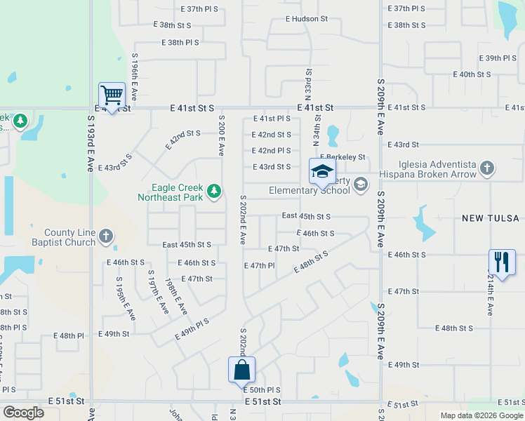map of restaurants, bars, coffee shops, grocery stores, and more near 4523 South 203rd East Avenue in Broken Arrow