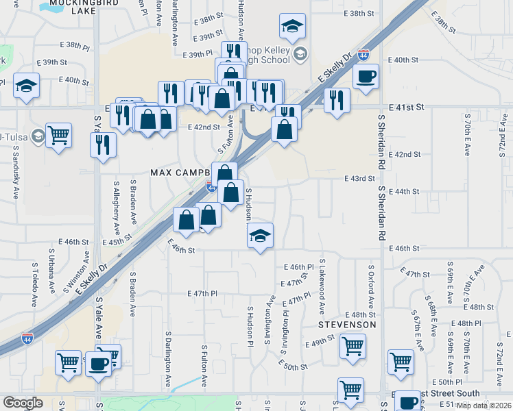 map of restaurants, bars, coffee shops, grocery stores, and more near 4414 South Hudson Place in Tulsa