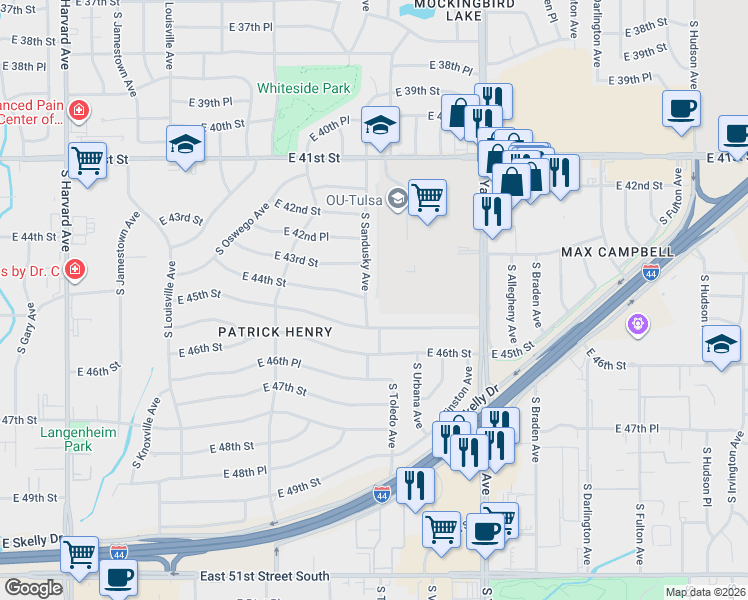 map of restaurants, bars, coffee shops, grocery stores, and more near 4505 E 45th St in Tulsa