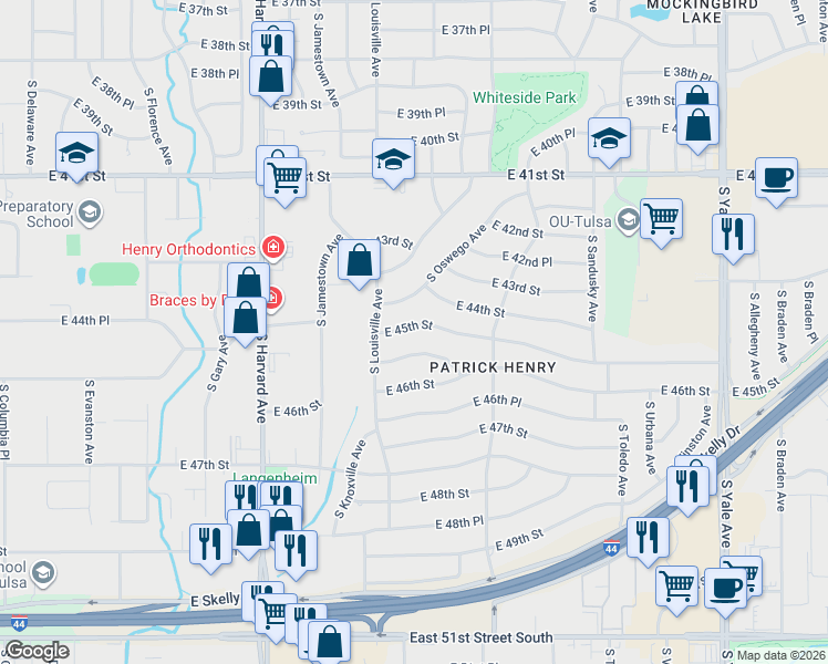map of restaurants, bars, coffee shops, grocery stores, and more near 3747 East 45th Place in Tulsa