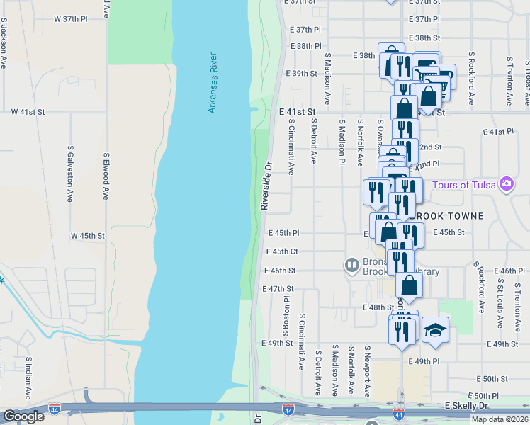 map of restaurants, bars, coffee shops, grocery stores, and more near 12 East 44th Street in Tulsa