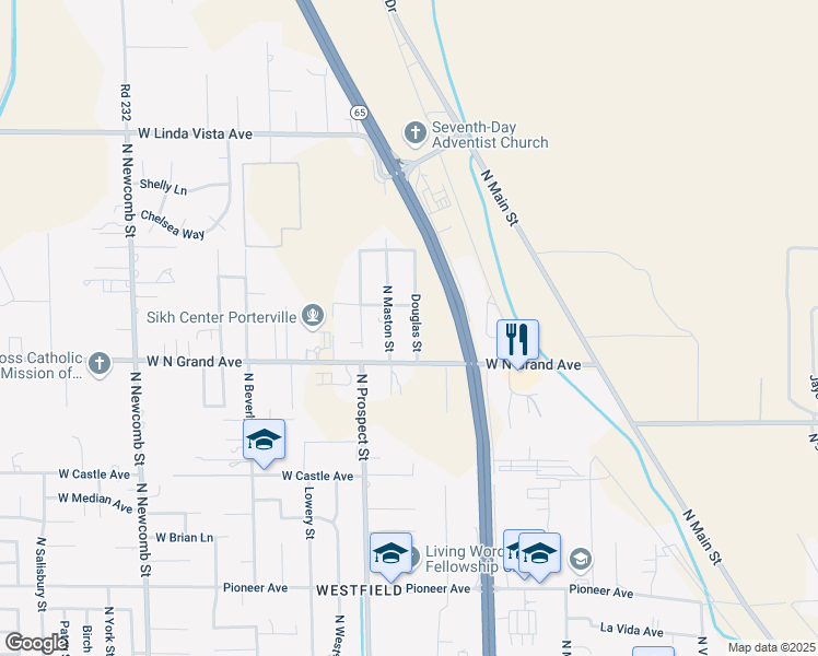 map of restaurants, bars, coffee shops, grocery stores, and more near 1838 North Maston Street in Porterville