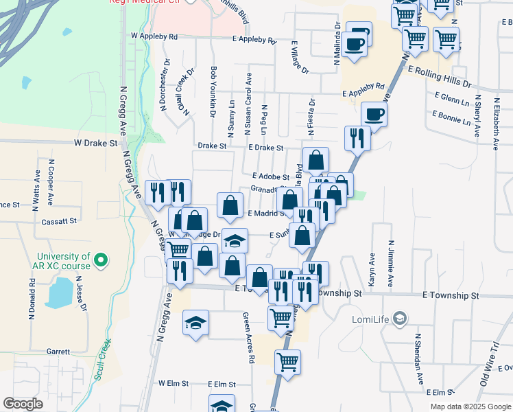 map of restaurants, bars, coffee shops, grocery stores, and more near 2633 Miranda Avenue in Fayetteville