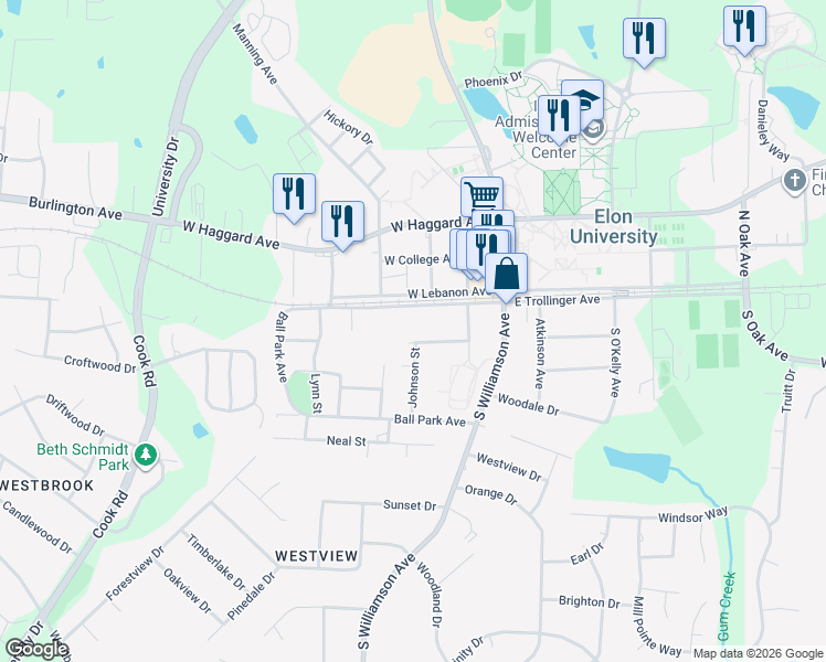 map of restaurants, bars, coffee shops, grocery stores, and more near 301 W Summerbell Ave in Elon