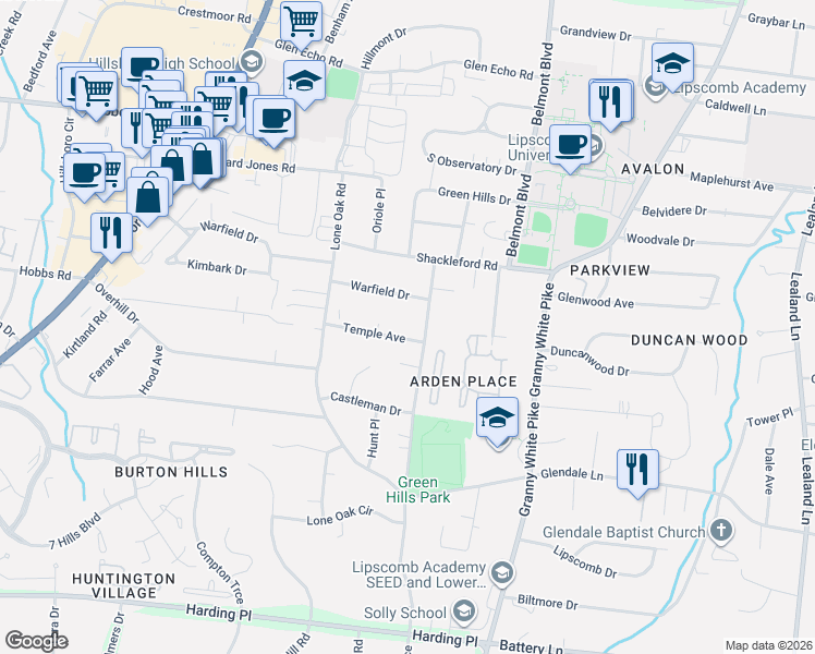 map of restaurants, bars, coffee shops, grocery stores, and more near 1707 Temple Avenue in Nashville