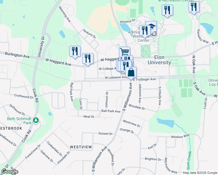 map of restaurants, bars, coffee shops, grocery stores, and more near 301 W Summerbell Ave in Elon