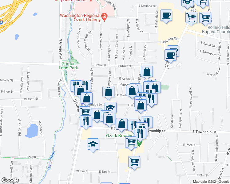 map of restaurants, bars, coffee shops, grocery stores, and more near 2631 North Arroyo Avenue in Fayetteville