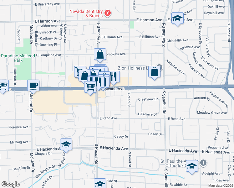 map of restaurants, bars, coffee shops, grocery stores, and more near 3570 Villa Knolls North Drive in Las Vegas