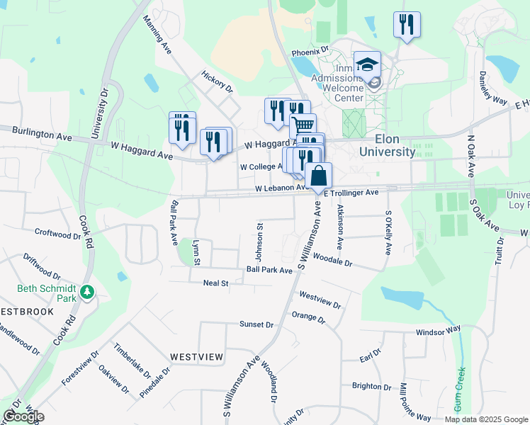 map of restaurants, bars, coffee shops, grocery stores, and more near 304 West Summerbell Avenue in Elon