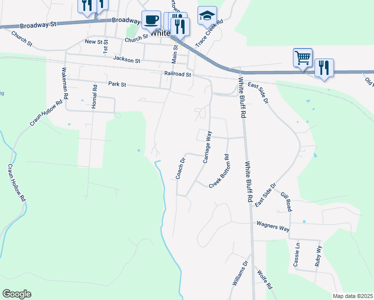 map of restaurants, bars, coffee shops, grocery stores, and more near 104 Coach Drive in White Bluff