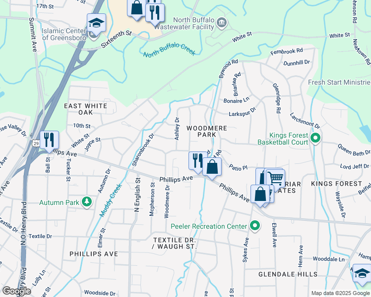 map of restaurants, bars, coffee shops, grocery stores, and more near 2001 Armhurst Road in Greensboro