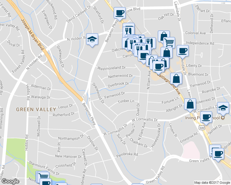 map of restaurants, bars, coffee shops, grocery stores, and more near 2524 Fernwood Drive in Greensboro