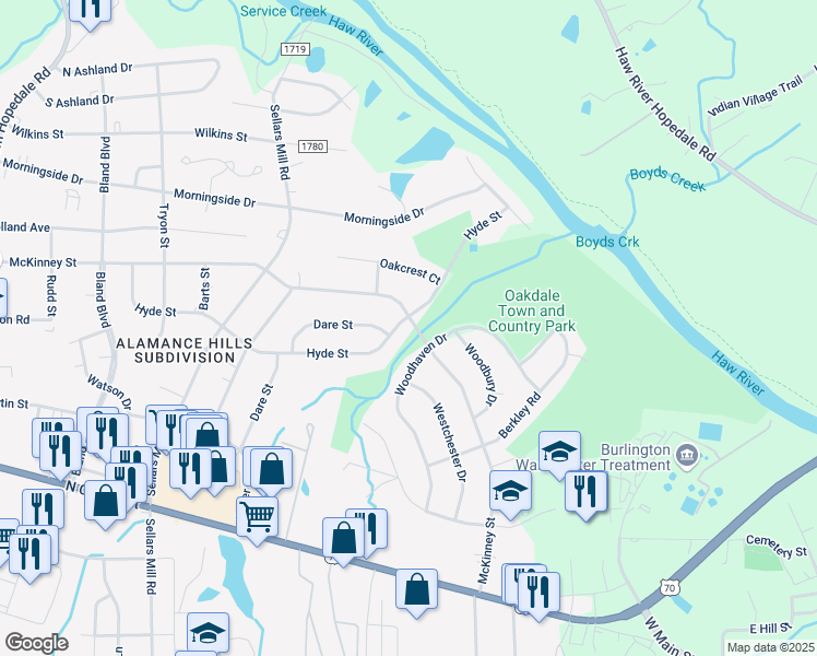 map of restaurants, bars, coffee shops, grocery stores, and more near 2585 Hyde Street in Burlington