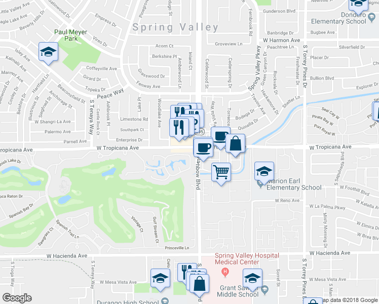 map of restaurants, bars, coffee shops, grocery stores, and more near 6956 Emerald Springs Lane in Las Vegas