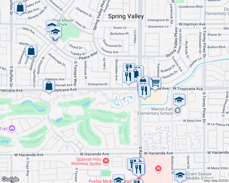 map of restaurants, bars, coffee shops, grocery stores, and more near 7025 Bright Springs Court in Las Vegas