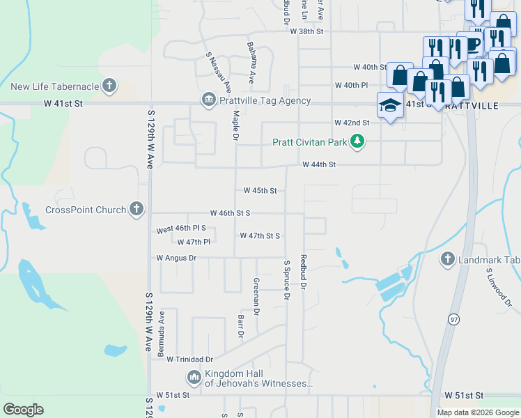 map of restaurants, bars, coffee shops, grocery stores, and more near 502 West 46th Street South in Sand Springs