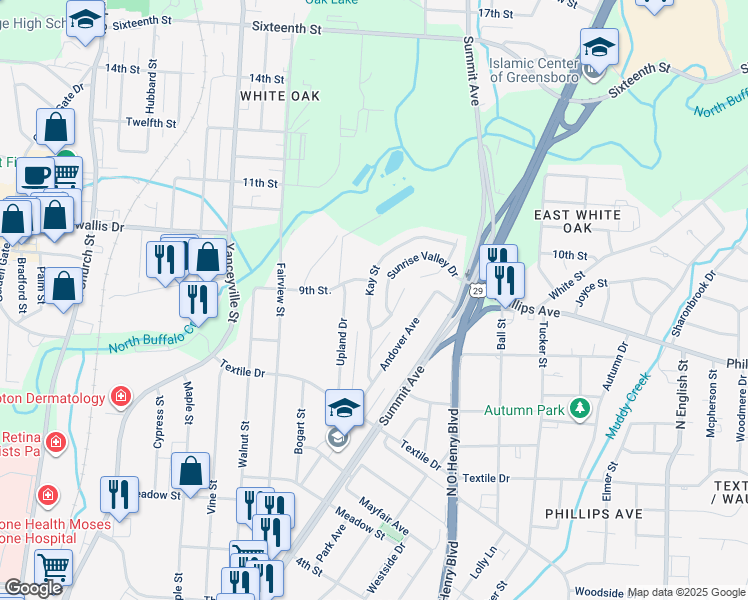 map of restaurants, bars, coffee shops, grocery stores, and more near 1610 Kay Street in Greensboro