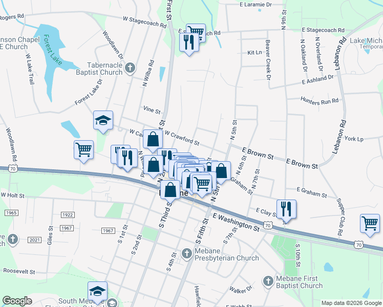 map of restaurants, bars, coffee shops, grocery stores, and more near 408 North 3rd Street in Mebane