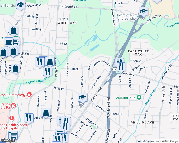 map of restaurants, bars, coffee shops, grocery stores, and more near 1610 Kay Street in Greensboro