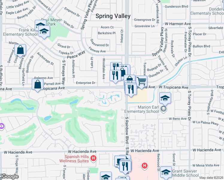 map of restaurants, bars, coffee shops, grocery stores, and more near 6974 Emerald Springs Lane in Las Vegas