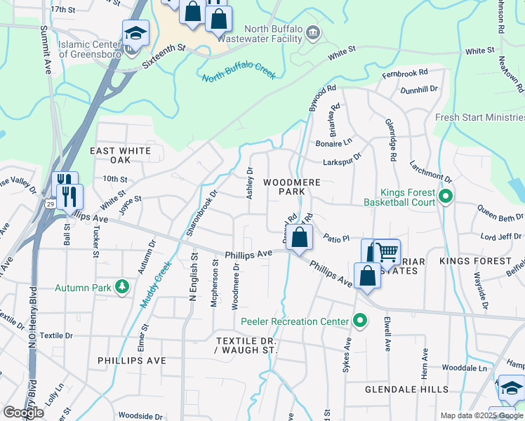map of restaurants, bars, coffee shops, grocery stores, and more near 2001 Armhurst Road in Greensboro