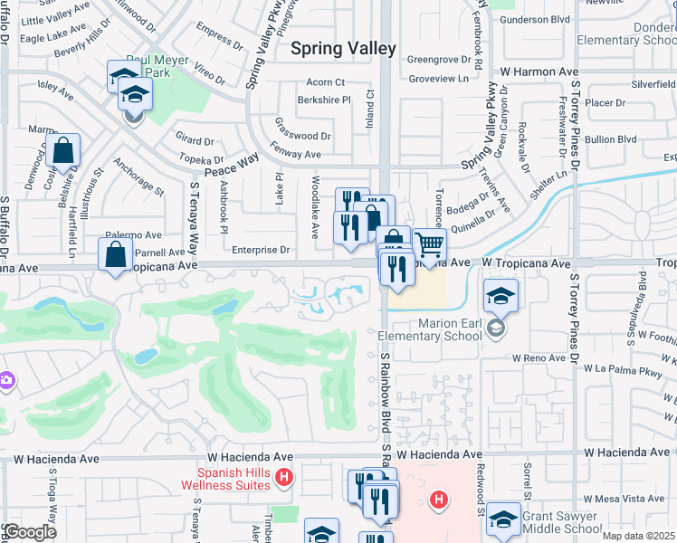 map of restaurants, bars, coffee shops, grocery stores, and more near 6976 Emerald Springs Lane in Las Vegas