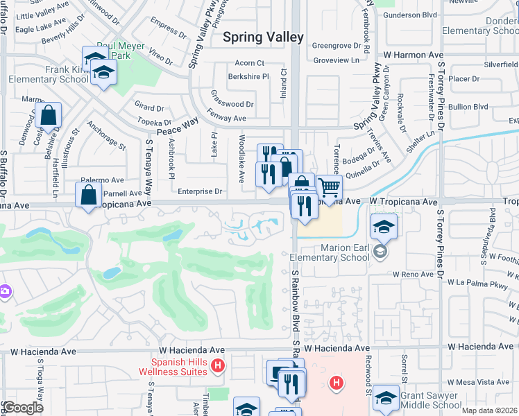 map of restaurants, bars, coffee shops, grocery stores, and more near 6976 Emerald Springs Lane in Las Vegas