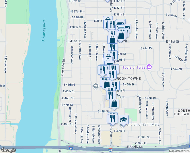 map of restaurants, bars, coffee shops, grocery stores, and more near 4351 South Madison Place in Tulsa