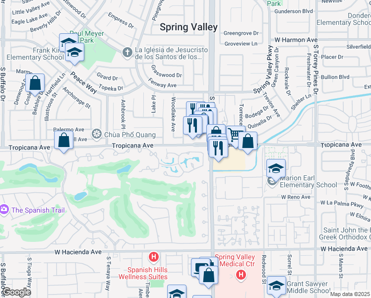 map of restaurants, bars, coffee shops, grocery stores, and more near 6976 Emerald Springs Lane in Las Vegas