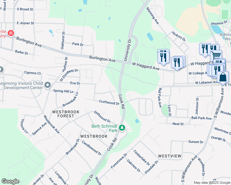 map of restaurants, bars, coffee shops, grocery stores, and more near 916 Edgewater Road in Gibsonville