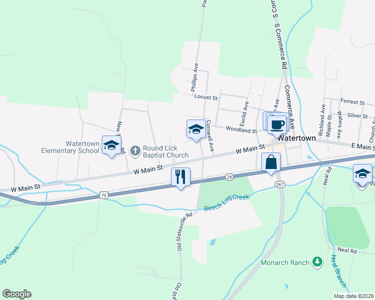 map of restaurants, bars, coffee shops, grocery stores, and more near 515 West Main Street in Watertown