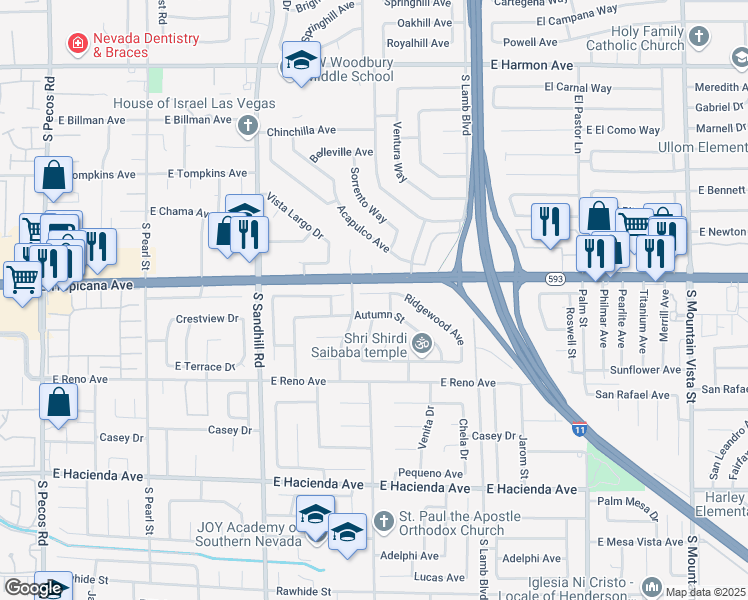 map of restaurants, bars, coffee shops, grocery stores, and more near 4015 Ridgewood Avenue in Las Vegas