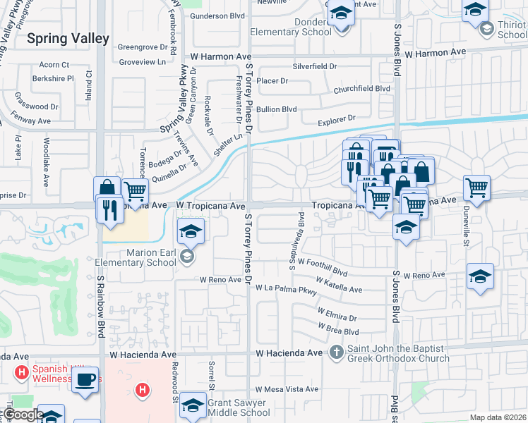 map of restaurants, bars, coffee shops, grocery stores, and more near 6445 West Alomar Avenue in Las Vegas